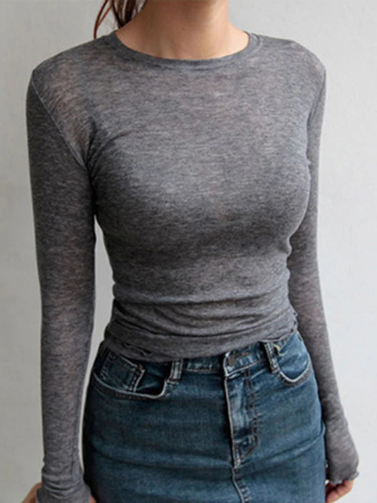 Camiseta básica de manga larga de alta calidad, elástica, fina y transparente para mujer, informal y sexy