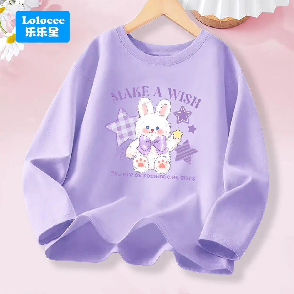 T-shirt rose à manches longues pour filles de 3 à 14 ans, haut en coton pour enfants, mignon "FRESH", imprimé boisson et Animal, nouvelle collection printemps 2026