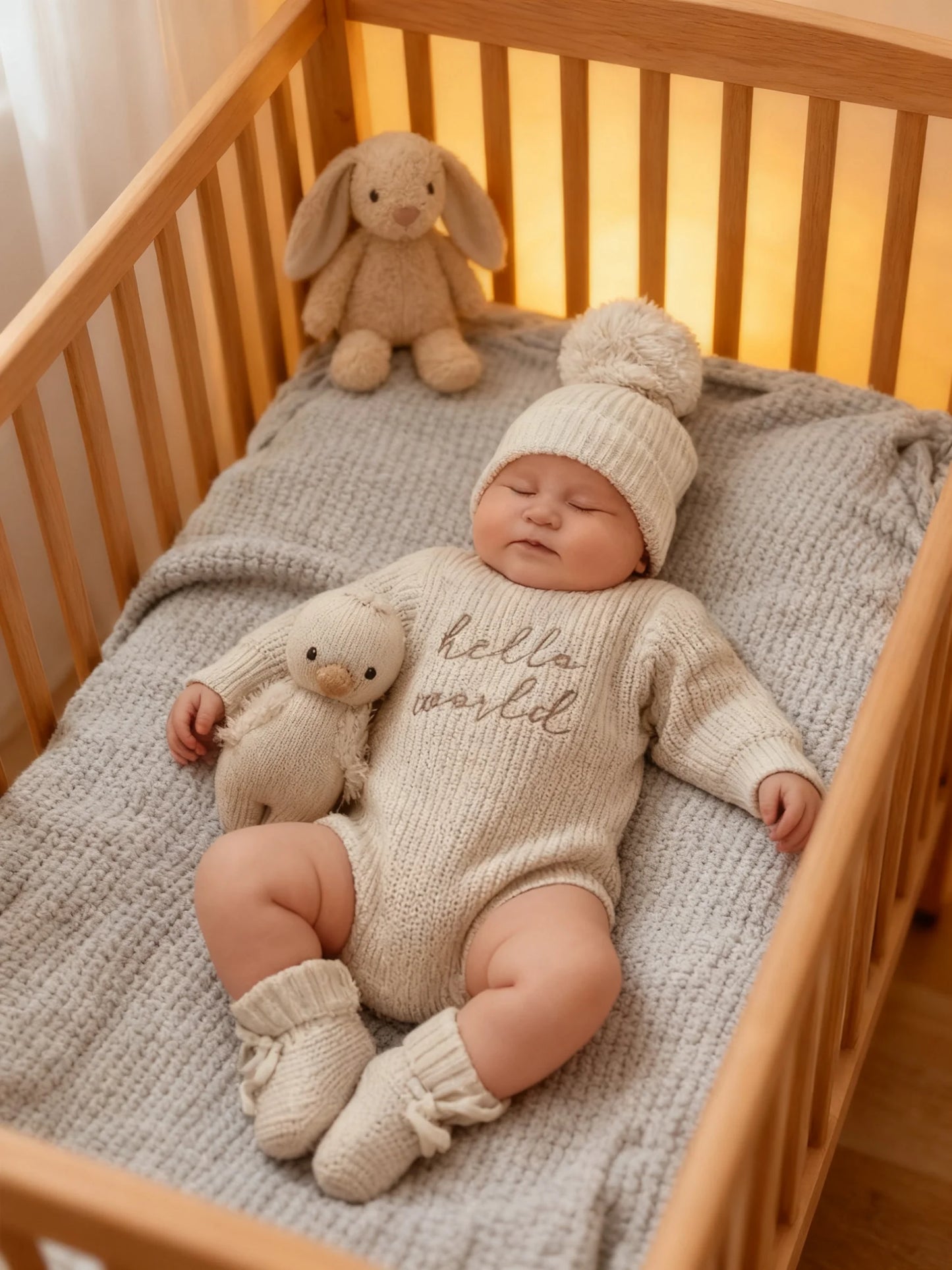 Hello World – pelele de punto para recién nacidos con gorro de pompones a juego, suéter para bebés niños y niñas, conjuntos para sesión de fotos, HD