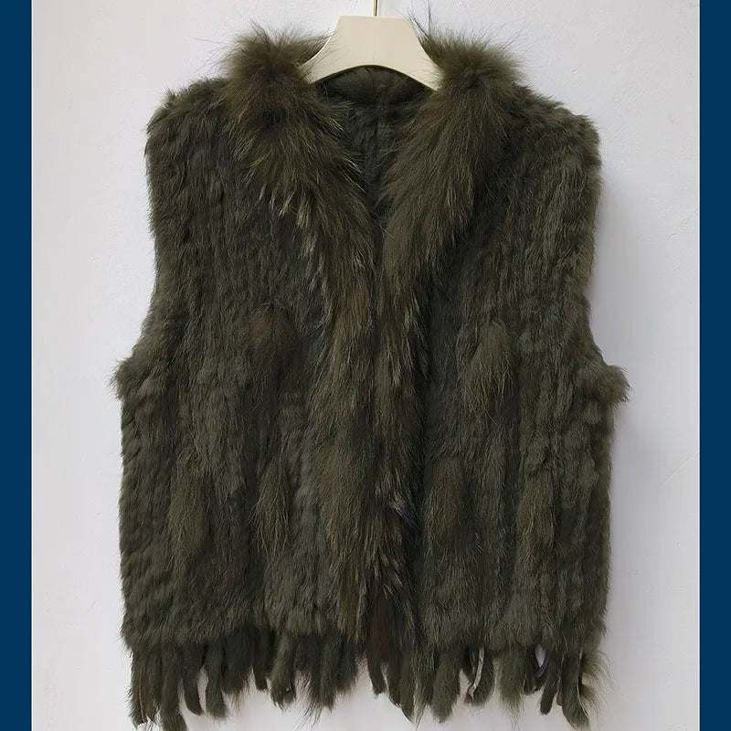 Gilet tricoté en vraie fourrure de lapin naturelle avec pompon, Gilet chaud sans manches pour femmes, avec garniture en vraie fourrure de raton laveur