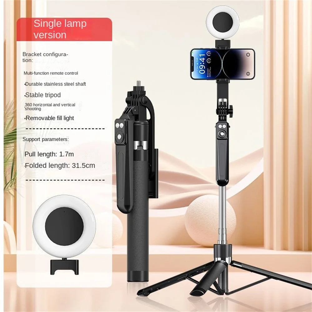 Trépied perche à selfie 1,7M avec télécommande sans fil — 360°, smartphone, vidéo, diffusion en direct
