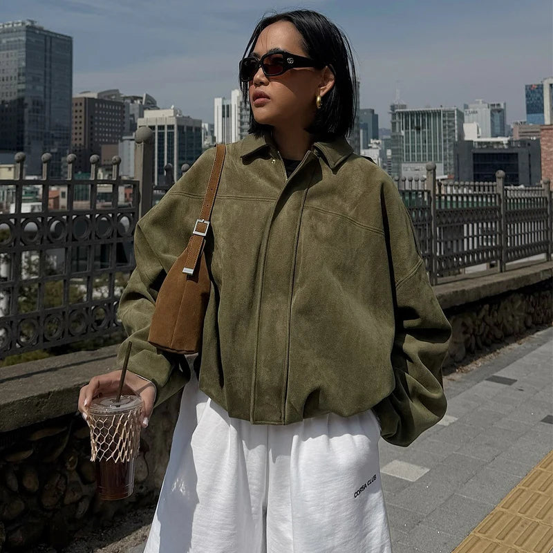 HXAO femmes Bomber veste revers fermeture éclair manches longues veste en daim femmes 2025 haute rue recadrée vestes de course manteaux vêtements d'extérieur