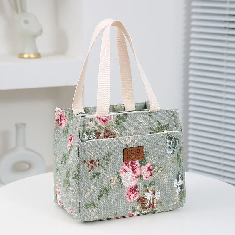 Bolsa de almuerzo estética con estampado floral, bolsa bento aislada de gran capacidad, bolsa térmica para la escuela, el trabajo, los viajes y pícnic