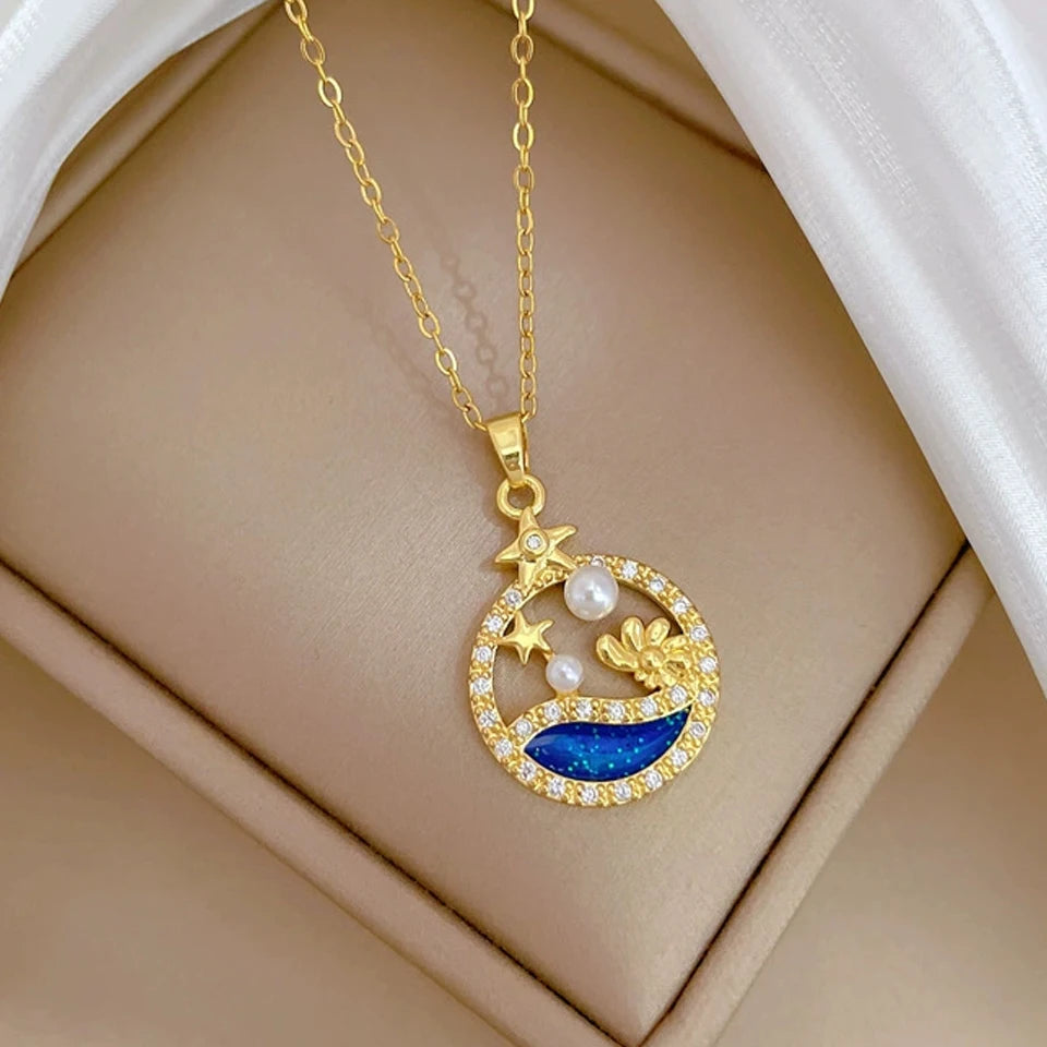 Collar de la serie Star Series para mujer, acero de titanio de lujo ligero, documento en oro, colgante de astrónomo planeta luna, collares de la presidencia, joyas de regalo