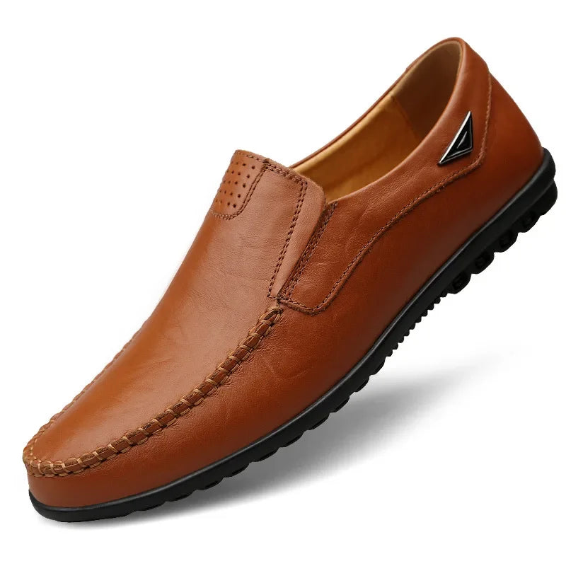 Men's Genuine Leather Casual Breathable Slip-On Black Driving Shoes, Plus Size 46, 2023