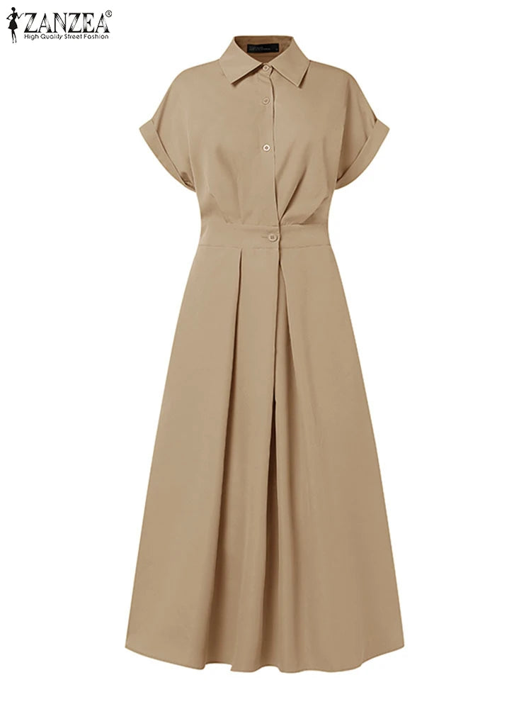 Femmes été OL Robe de travail ZANZEA élégant à manches courtes bureau Robe d'été décontracté solide une ligne boutons vacances robes caftan Robe