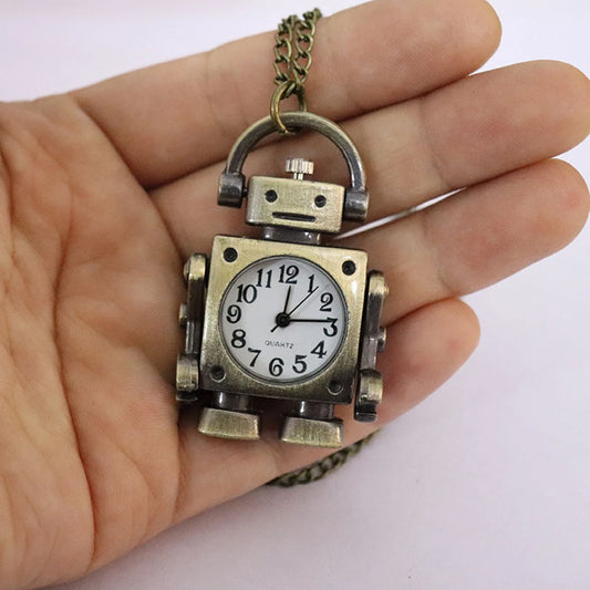 Vintage Robot-Shaped Quartz Pocket Watch with Antique Numerals, Round Dial, Decorated Pendant with Continent Chain, Bag Charm for a IX