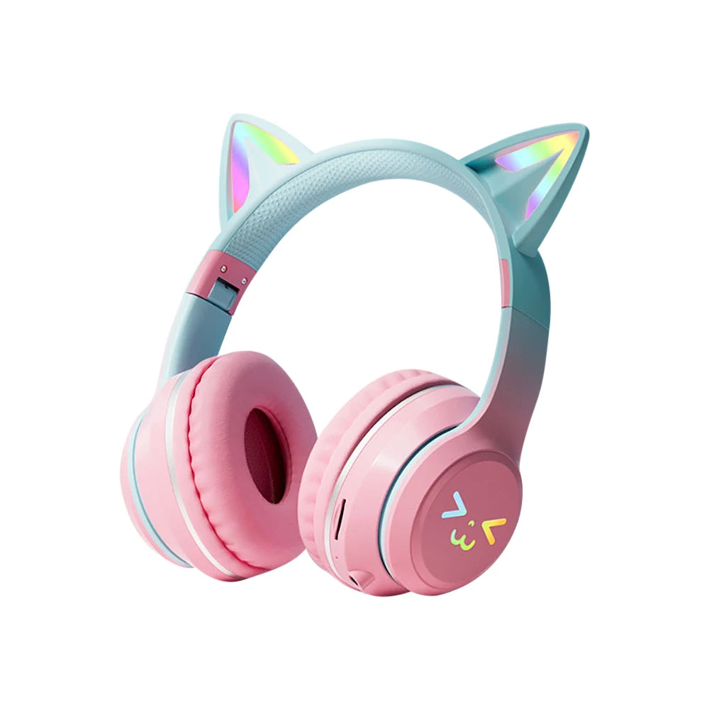 Écouteurs sans fil dégradés RGB, oreilles de chat mignonnes, Bluetooth, avec microphone, stéréo, jeu de musique, cadeaux pour filles et enfants
