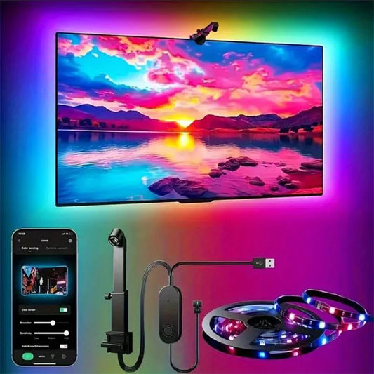 Bande lumineuse LED RGBIC pour téléviseur avec caméra, contrôle par application, synchronisation musicale, lumières intelligentes pour salle de jeu, éclairage ambiant 55-75 pouces