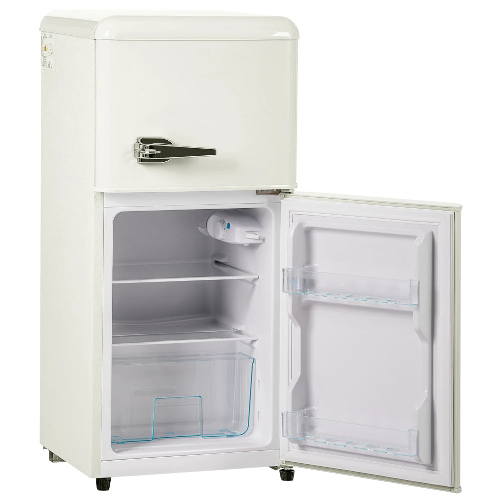 Combinaison réfrigérateur-congélateur rétro 45,5 cm de large, 2 portes 60 litres de volume total, volume de congélateur 22 litres. 102 KWh/année,