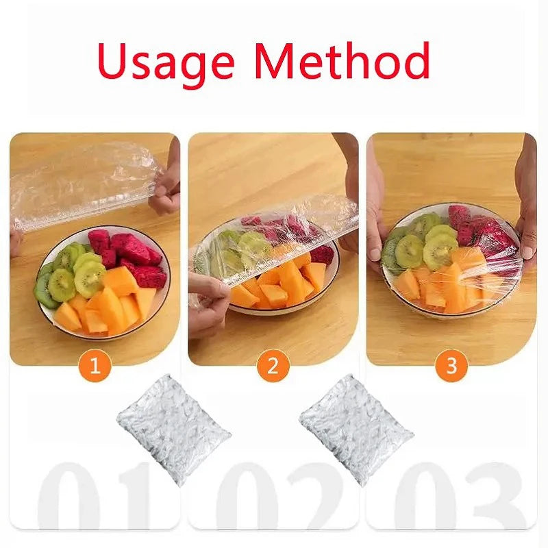 Tapa de comida desechable, 50 unidades, embalaje de plástico, bolsas de plástico para frutas y verduras de grado alimenticio, bolsas de plástico elásticas, organizador de cocina