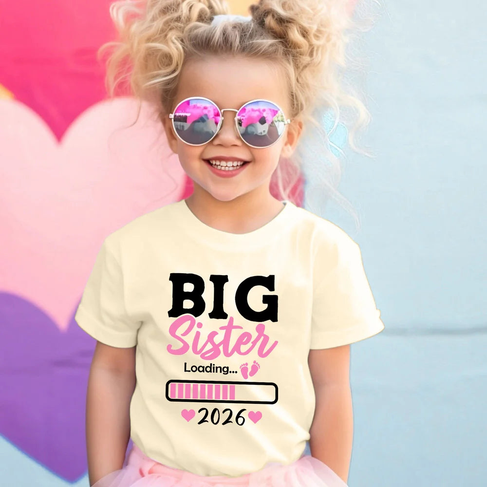 T-shirt enfant grande sœur 2026 — annonce de grossesse, rétro, manches courtes, tenue d'été
