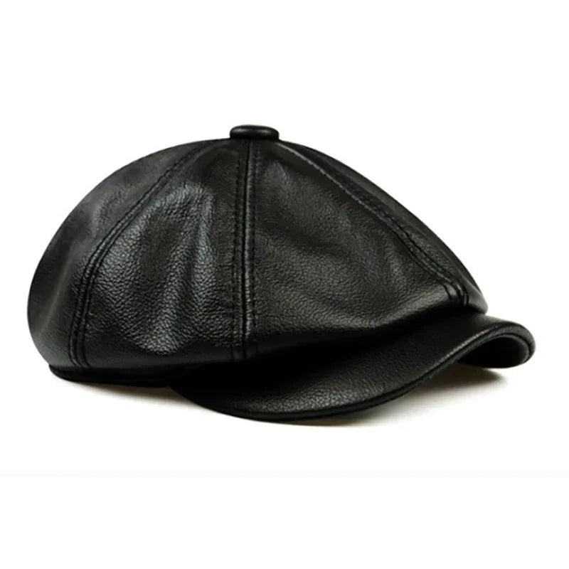 Men's Retro Brown Hats, Warm Genuine Leather Cap, Painter Beret, High-Quality Cowhide Octagonal Boina, Spring/Winter 100%