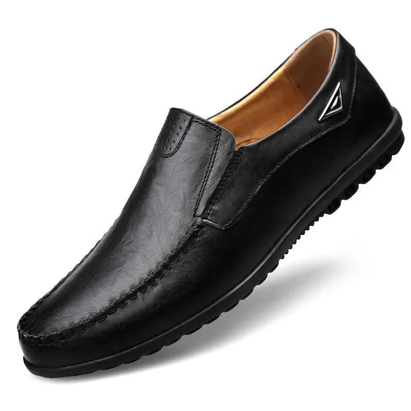 Men's Genuine Leather Casual Breathable Slip-On Black Driving Shoes, Plus Size 46, 2023