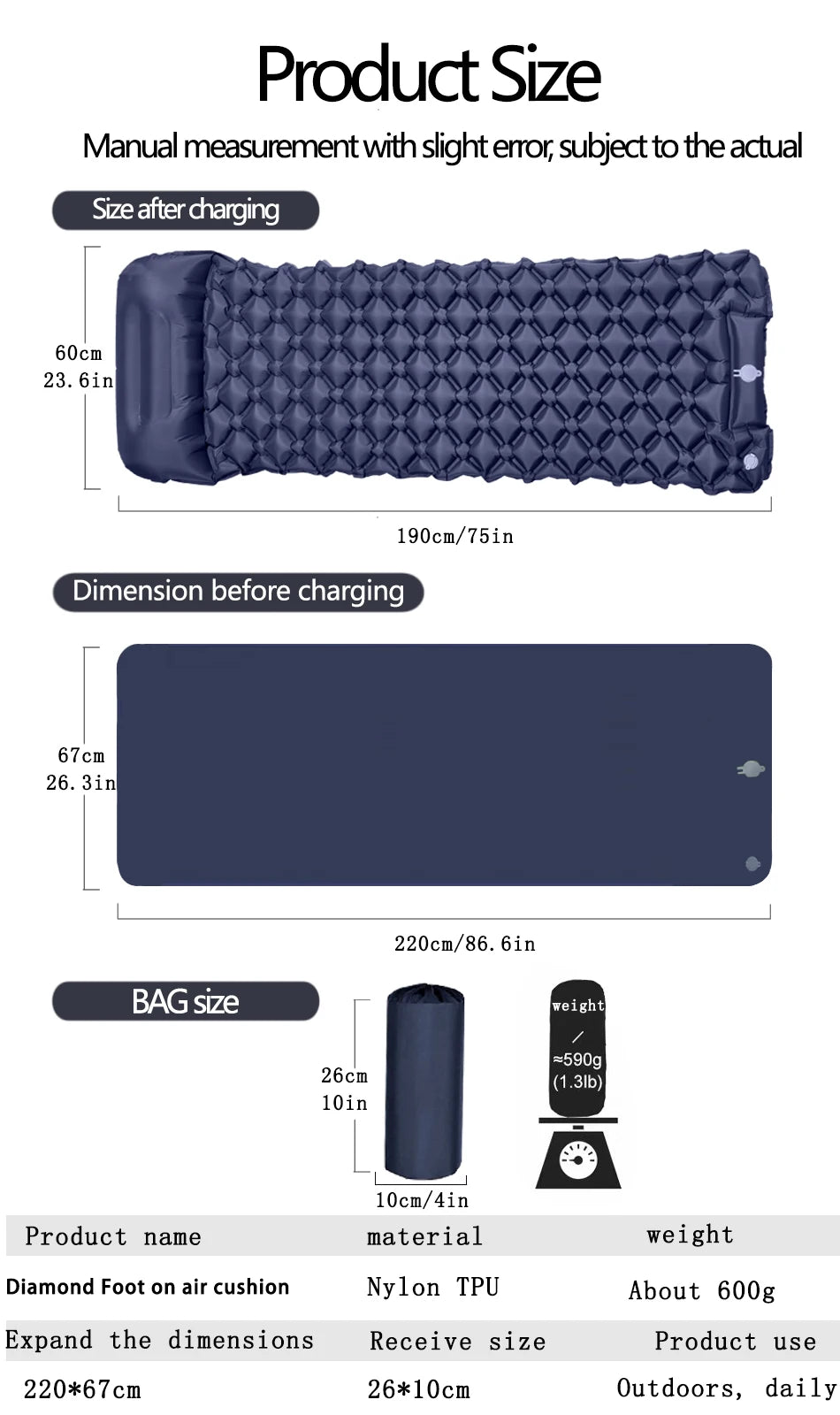 Matelas gonflable de camping en plein air, coussin de couchage avec oreillers, polymères d'air ultralégers, pompe de gonflage intégrée, randonnée