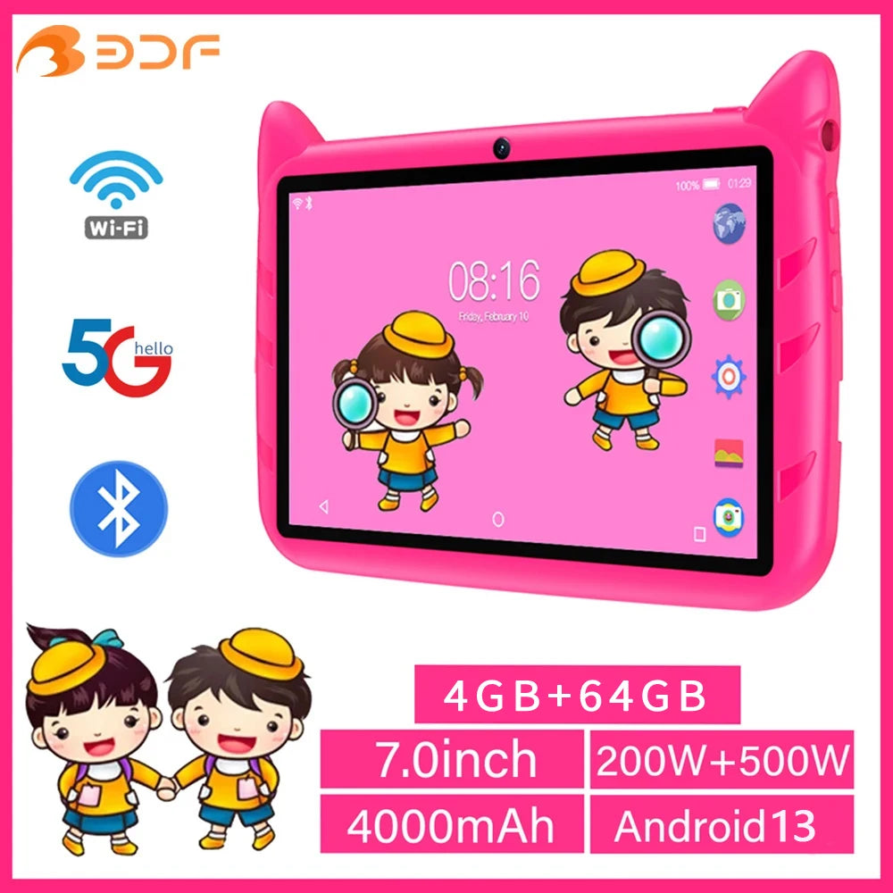 BDF-Tablet Android 13 para niños, extensión de 1 TB, 4 GB de RAM, 64 GB de ROM, WiFi 5G, batería de 4000mAh, cámara turística, regalo para niños, software para niños, 7 pulgadas