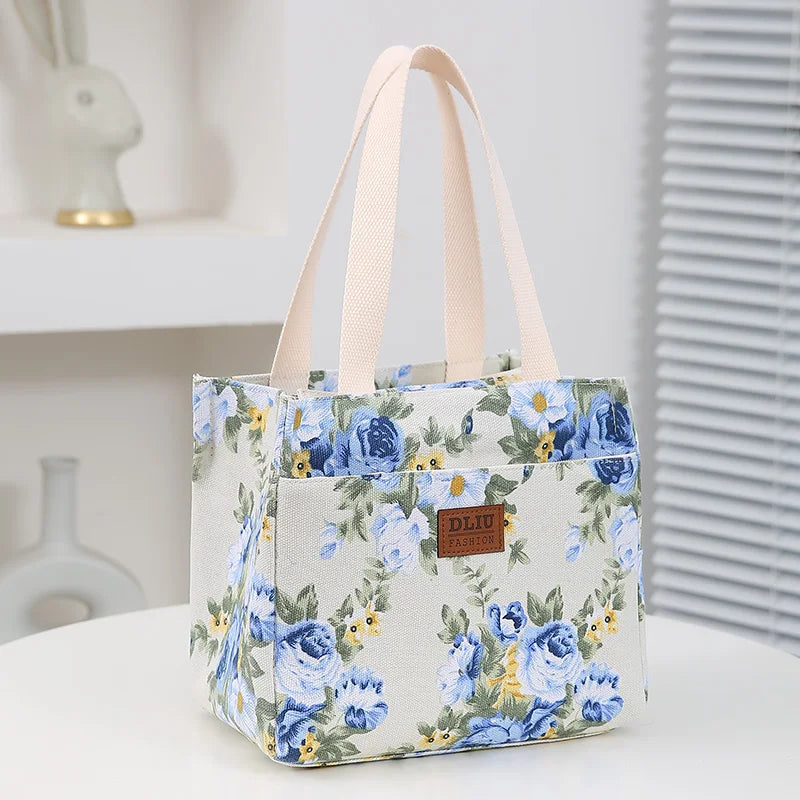 Bolsa de almuerzo estética con estampado floral, bolsa bento aislada de gran capacidad, bolsa térmica para la escuela, el trabajo, los viajes y pícnic