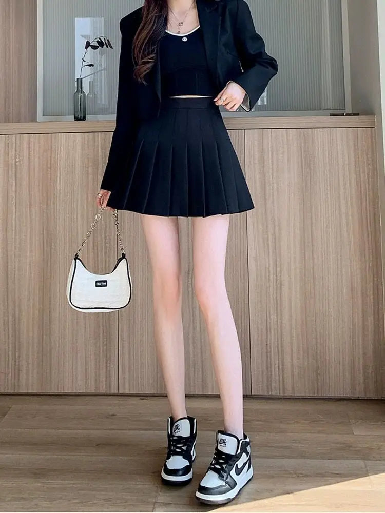 Mini jupe plissée avec short pour femmes, taille haute, ligne a, jupe patineuse, blanc, noir, rose, uniforme scolaire sportif, nouvelle mode, offre spéciale