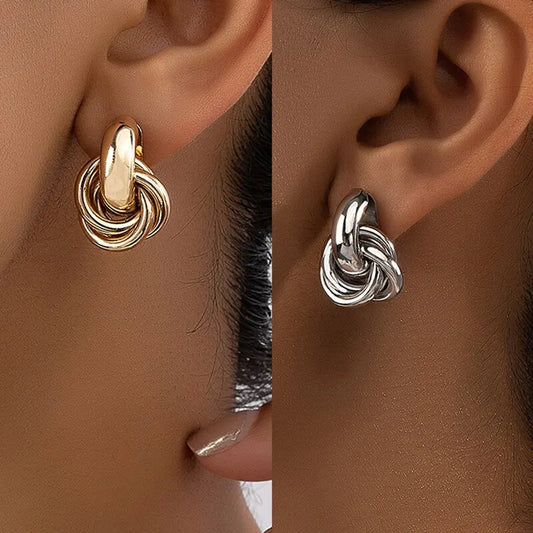 Women Knot Stud Earring Set, 2 Pairs, Gold Silver Tone, Shiny Plated, Trendy, Cute, Everyday Use, Jewelry Set