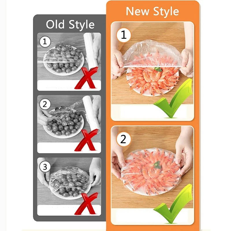 Tapa de comida desechable, 50 unidades, embalaje de plástico, bolsas de plástico para frutas y verduras de grado alimenticio, bolsas de plástico elásticas, organizador de cocina