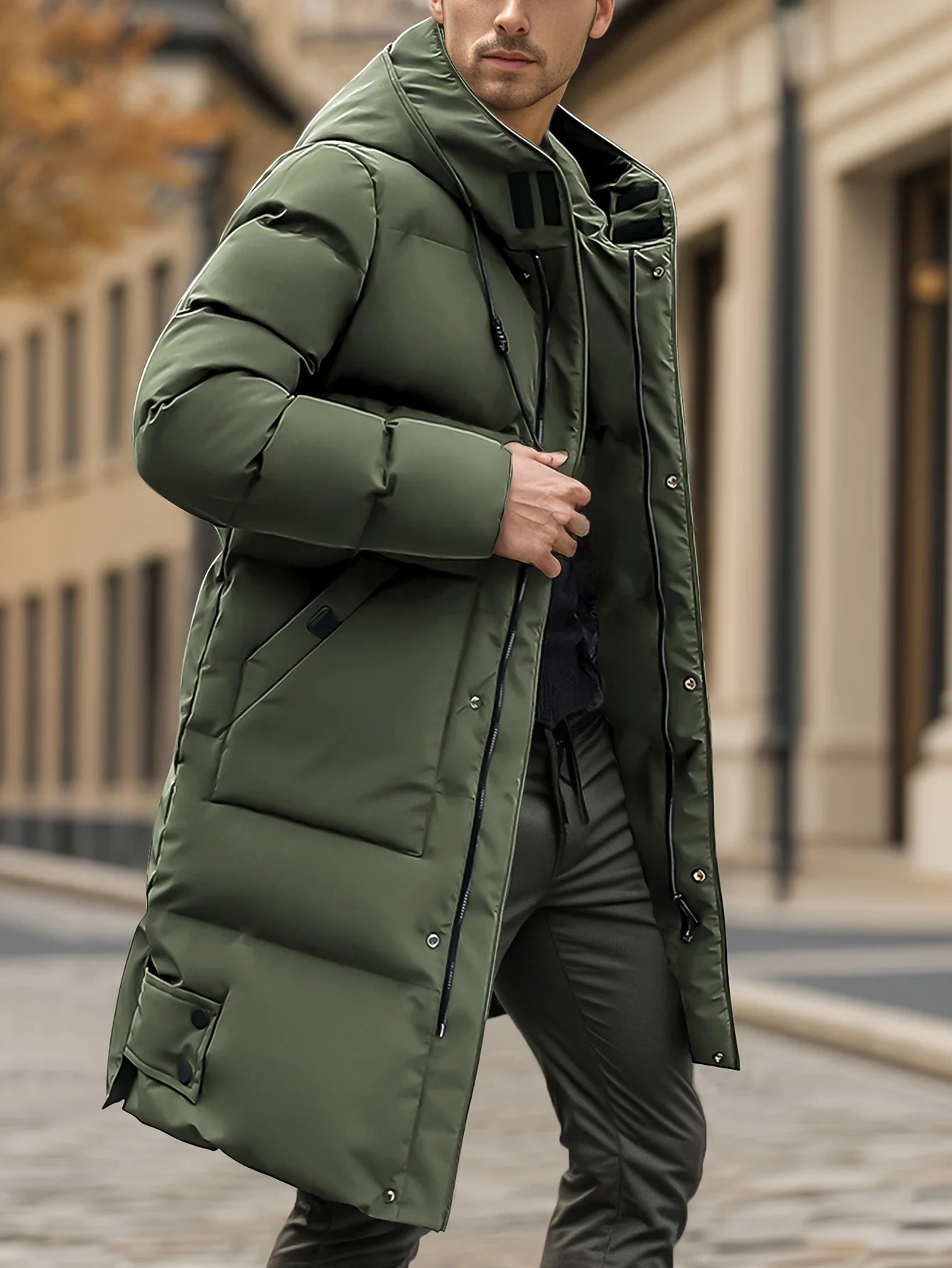 Manteau d'hiver épais pour hommes, veste coupe-vent pour temps froid avec fermeture éclair pleine longueur, longue formalité à capuche, grandes poches avant