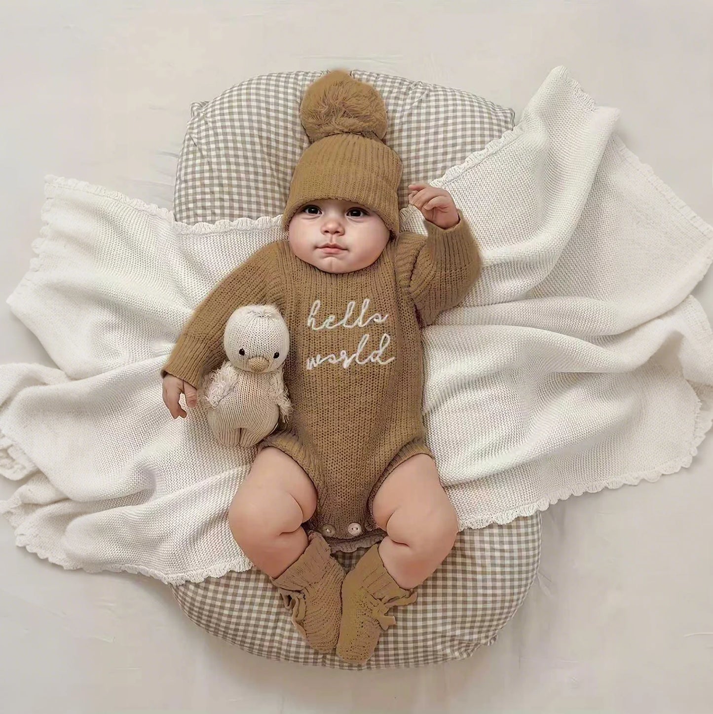 Barboteuse tricotée pour nouveau-né — chapeau à pompon assorti, pull bébé, tenues séance photo
