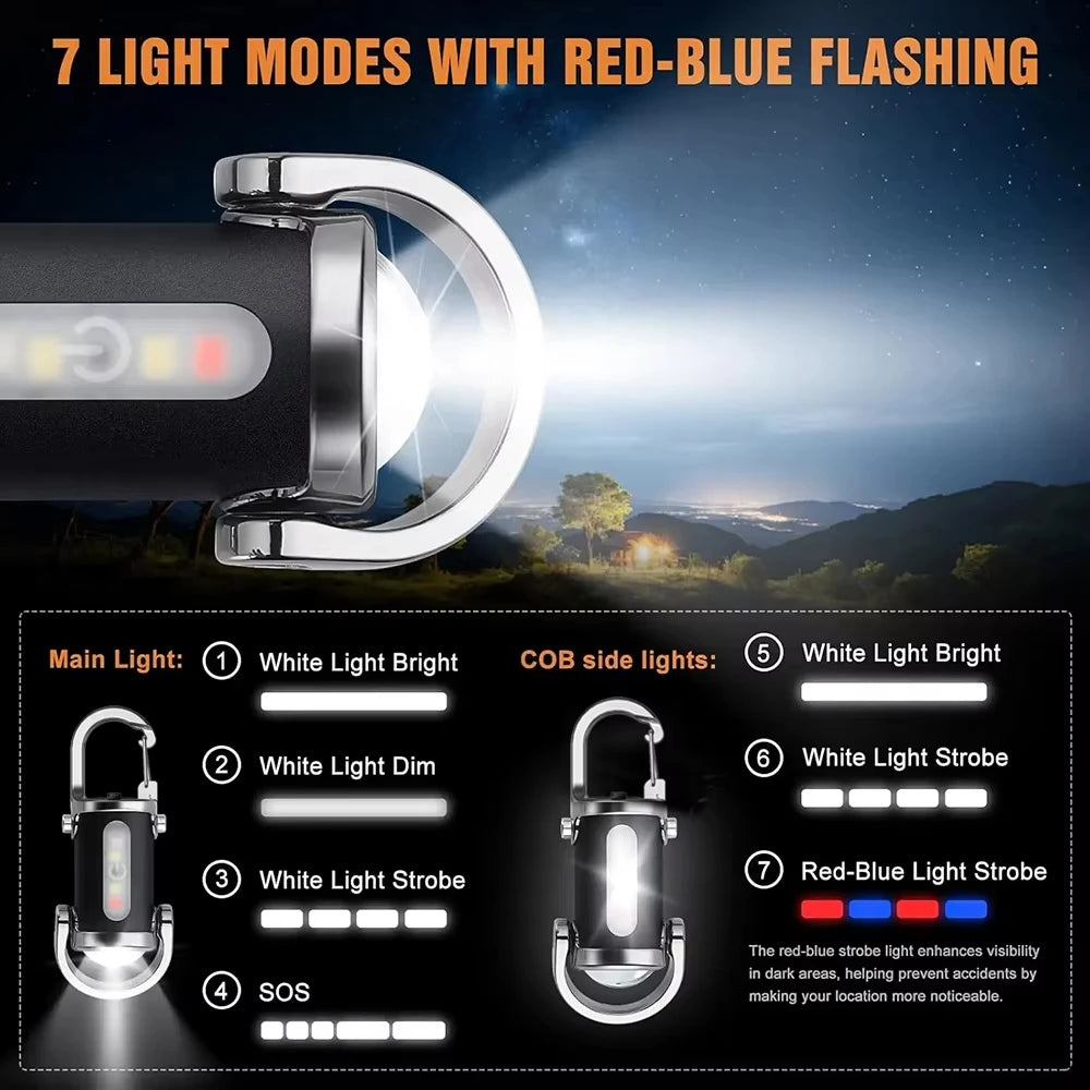 Mini lampe de poche porte-clés Rechargeable, lampe de travail COB, crochet extérieur, voyant d'avertissement d'urgence pour Camping, marche, randonnée