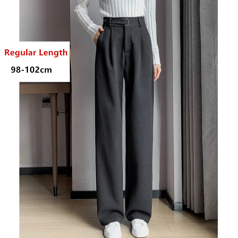 Pantalon en laine épais à jambe large pour femmes — décontracté, taille haute, bouton, chic, automne-hiver 2025