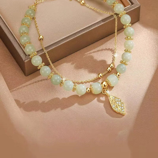 Chinese Style Green Jade Bracelet for Women, Exquisite Gold Color, Leaves, Double Chain Bracelet, Gifts for Girls