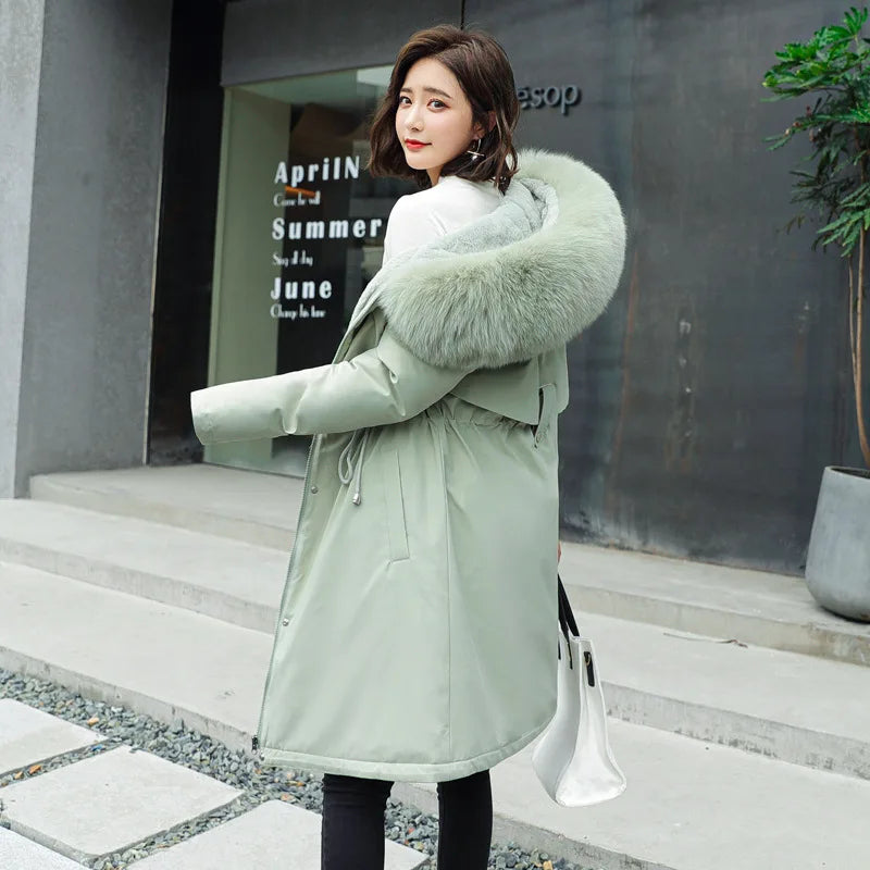 Parka d'hiver 2024 nouvelles femmes veste vêtements manteau Long doublure en laine à capuche col de fourrure épais chaud vêtements de neige mode Parka