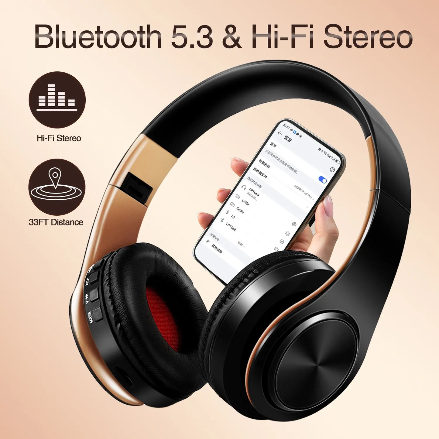 Auriculares inalámbricos Bluetooth para hombre, regalo dorado, auriculares estéreo, juego con micrófono incorporado, universales para Android e iOS