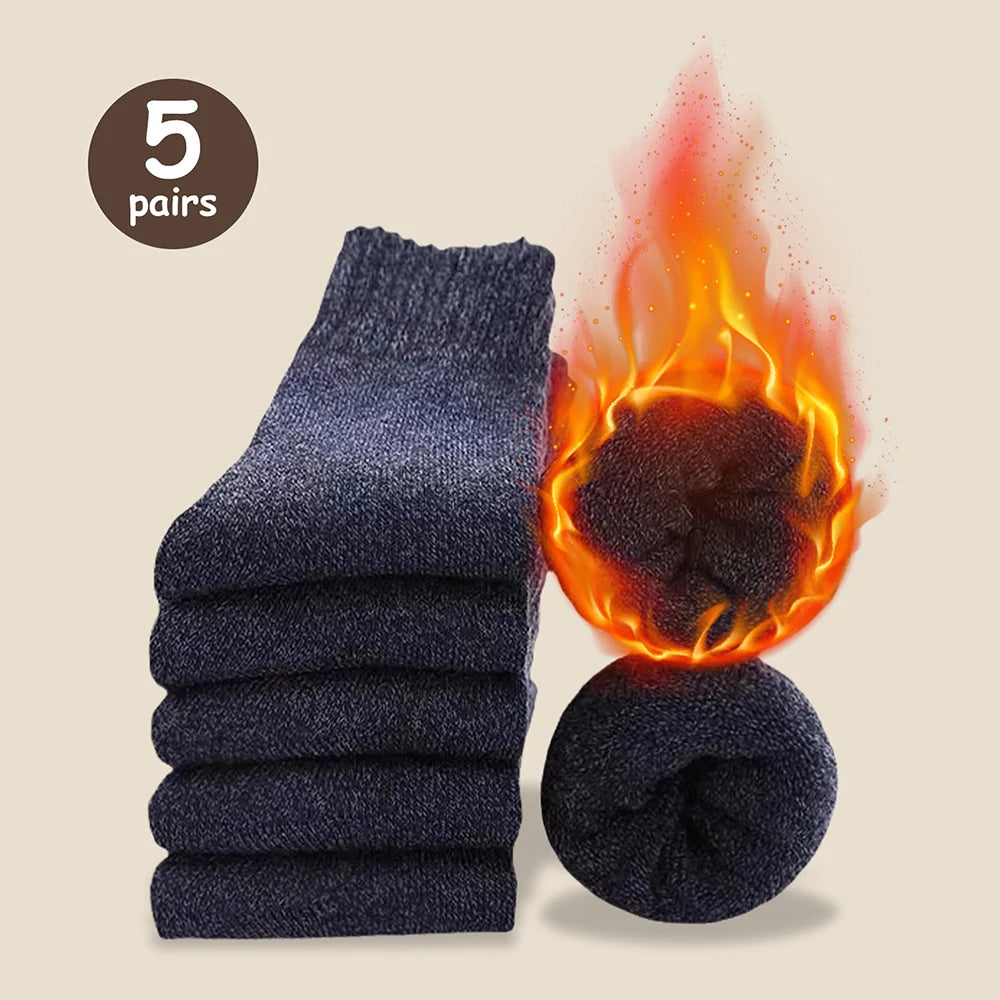 3/5 paires de chaussettes chaudes pour hommes, chaussettes épaisses en tissu éponge mi-mollet, chaussettes anti-froid pour bottes de neige, élastiques, couleur unie