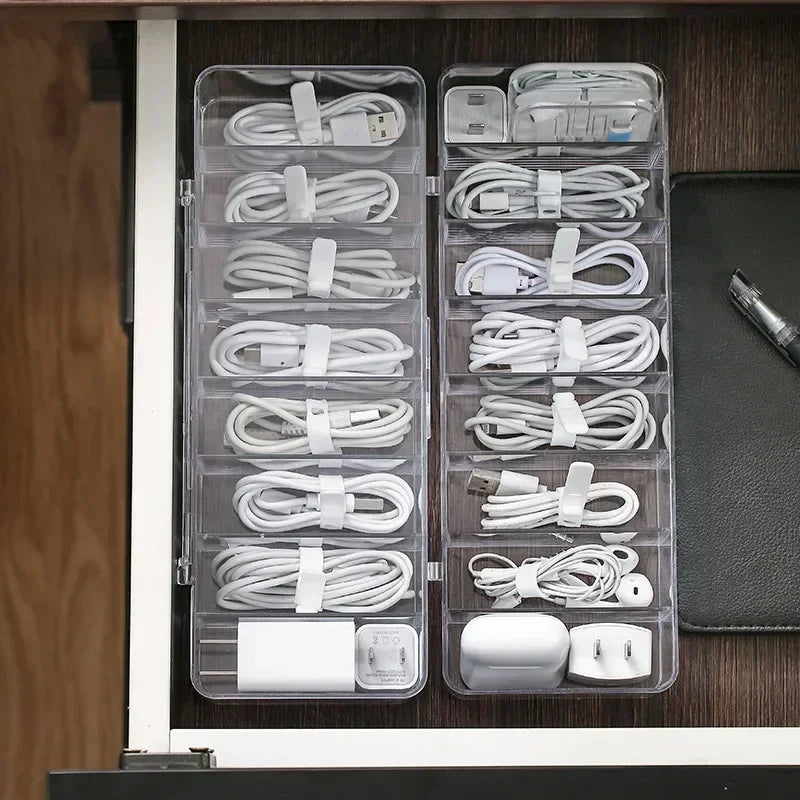 Clear Plastic Data Cable Storage Box, Household Cable, Mobile Phone Charger, Charging Cable Finishing Box, Divided Grid Box