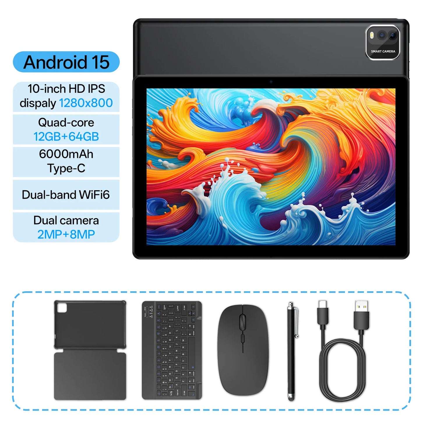 10-inch Tablet PC, Android 15 system, Quad-Core Processor, 12 (3+9) GB + 64 GB Storage, Expandable up to 1TB, Supports WiFi 6,