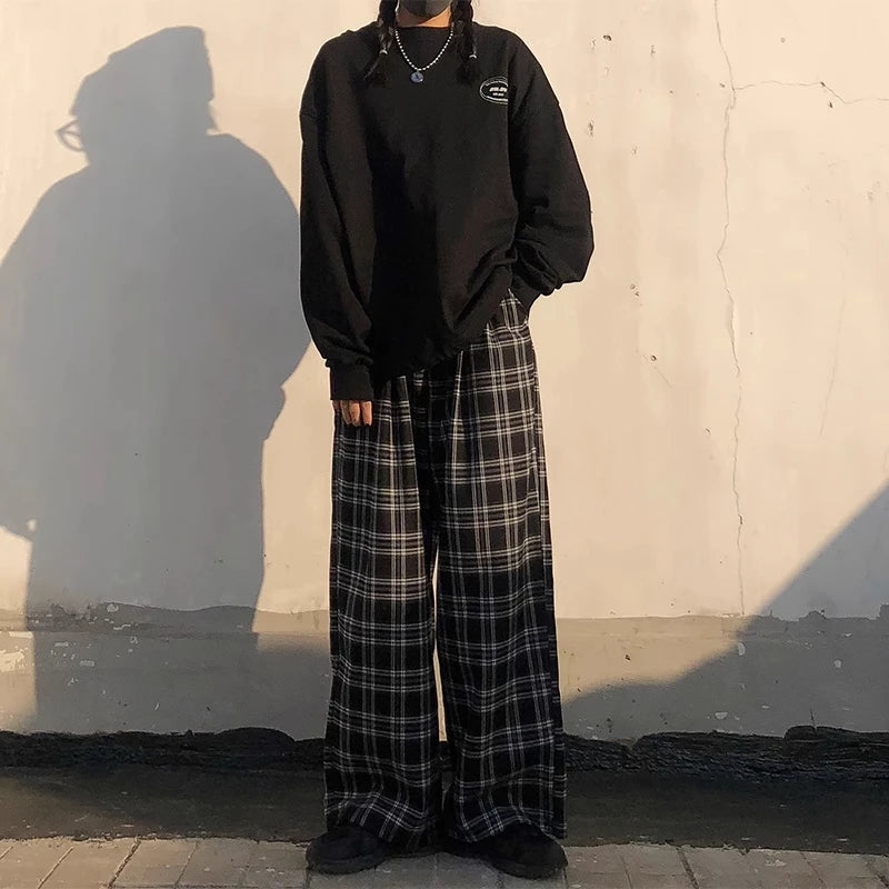 Pantalones oversize de mujer, de chándal, de moda de verano, a cuadros negros, casuales, de cintura elástica, con bolsillos casuales, para estudiantes, unisex
