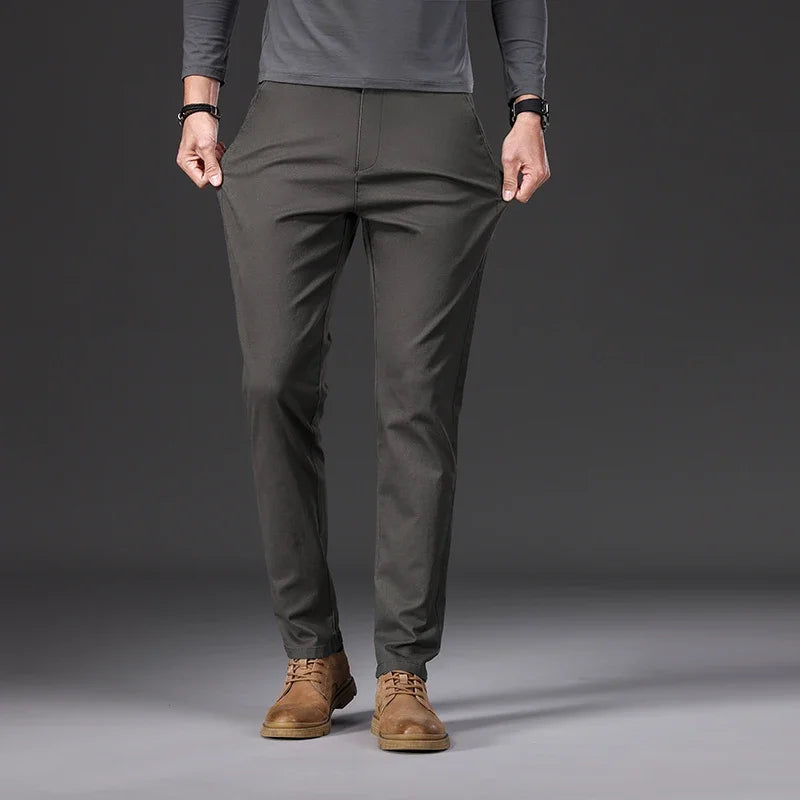 Pantalones casuales para hombre, 97% algodón, moda de otoño, cómodos, elásticos, ajustados, rectos, de negocios, negro, verde militar, caqui