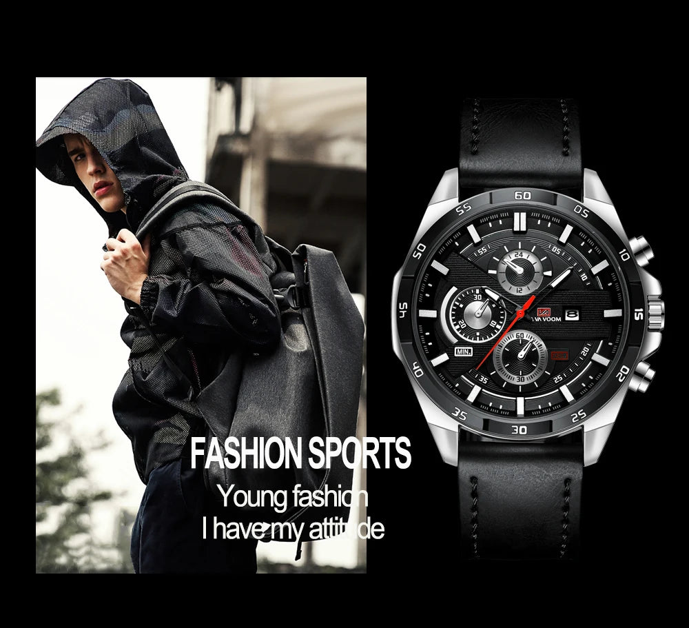 Montre à quartz en cuir pour homme, style sport, grand, décontracté, mode, original, noir, rose, or, calendrier, 46mm