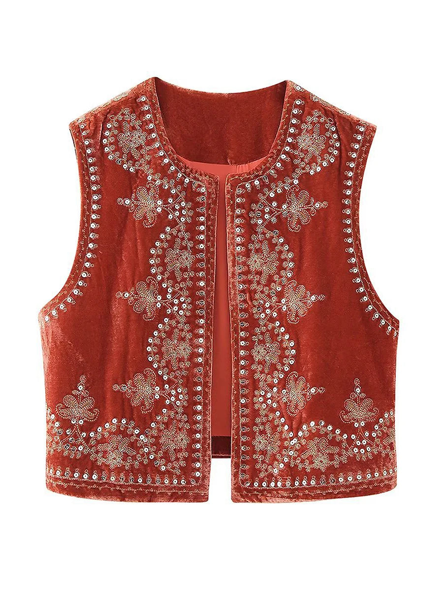 Chaleco bordado negro Vintage con estampado Floral para mujer, sin mangas, frente abierto, corto, versátil, ropa de abrigo y2k, cárdigan Boho corto
