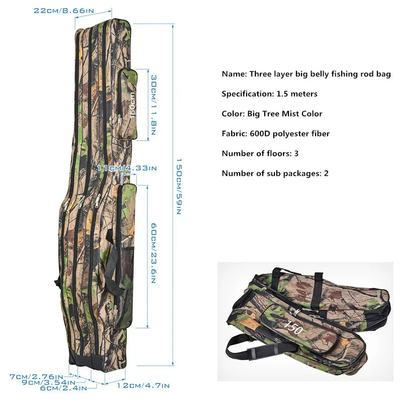 Sac de pêche en mer à grand ventre à trois couches, sac de canne à pêche à double épaule, trousse à outils pour le stockage extérieur, 1.2m, 1.5m