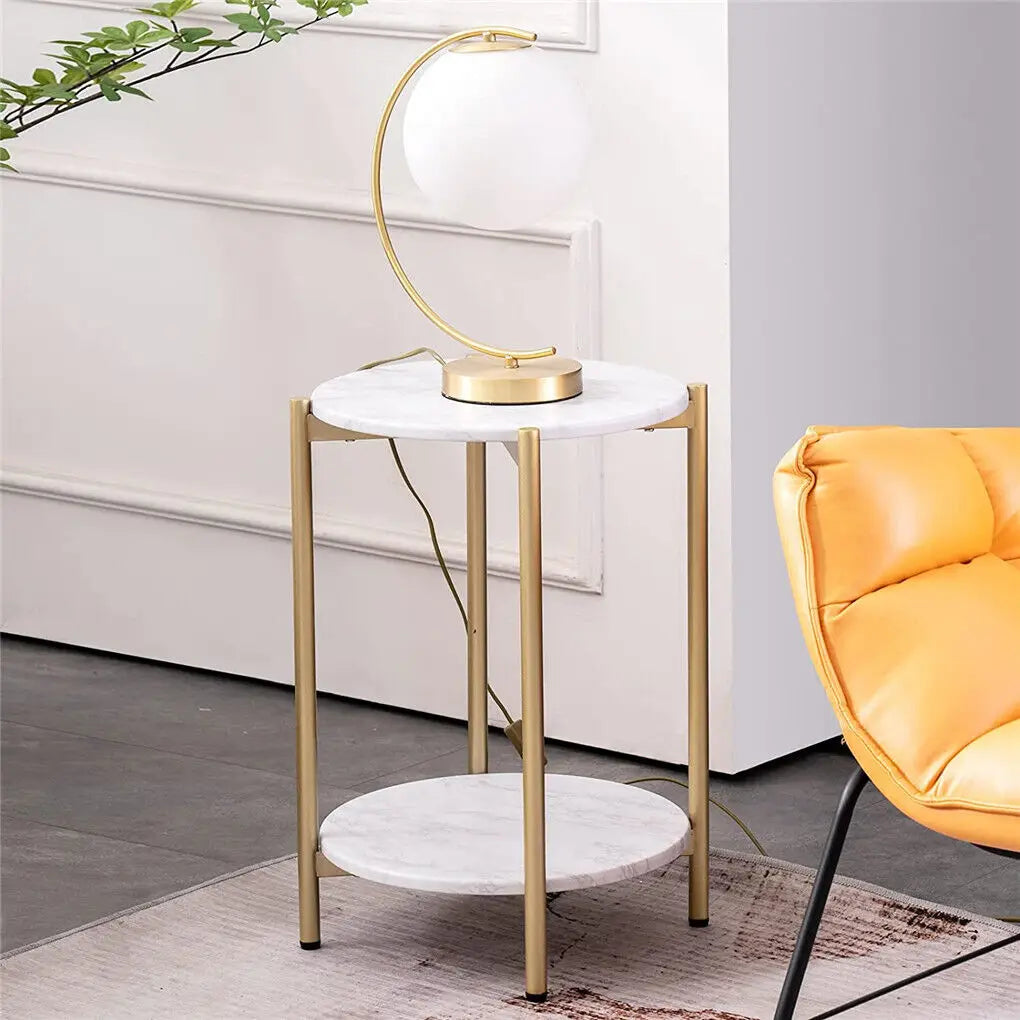 LUVODI Mesas auxiliares redondas de 2 niveles para sofá, soporte para plantas con estante de almacenamiento, estructura de metal para sala de estar y dormitorio