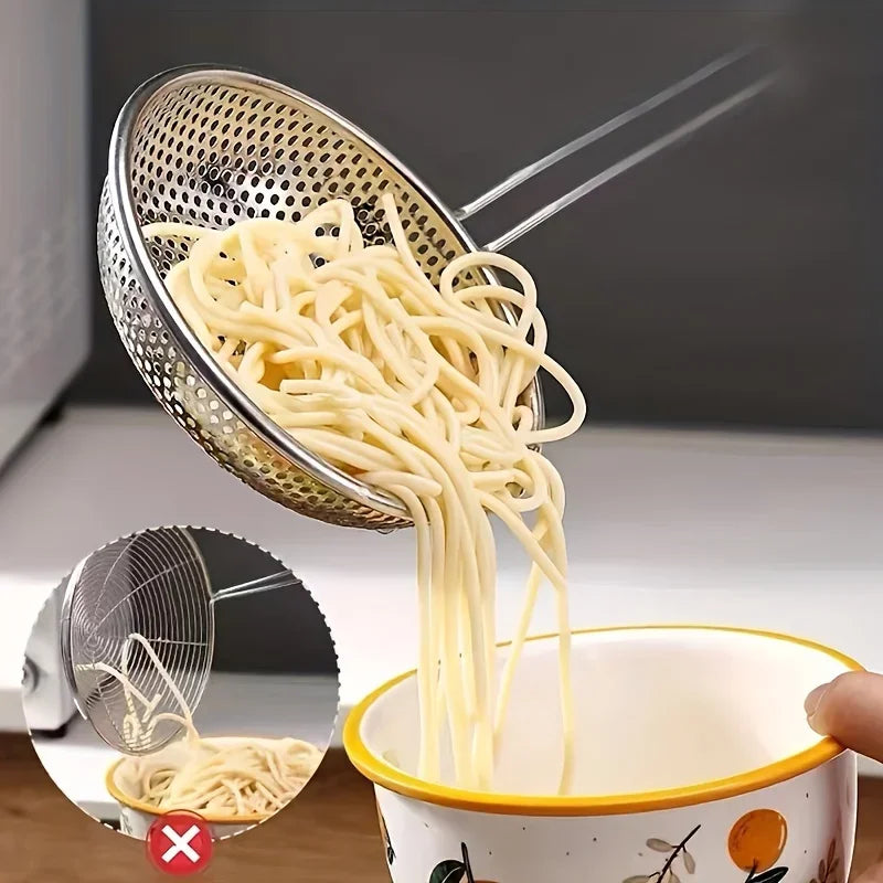 Colador de acero inoxidable con mango de madera, espumadera de malla fina, cuchara para cocinar, preparar alimentos, filtrar grasa para pasta y fideos