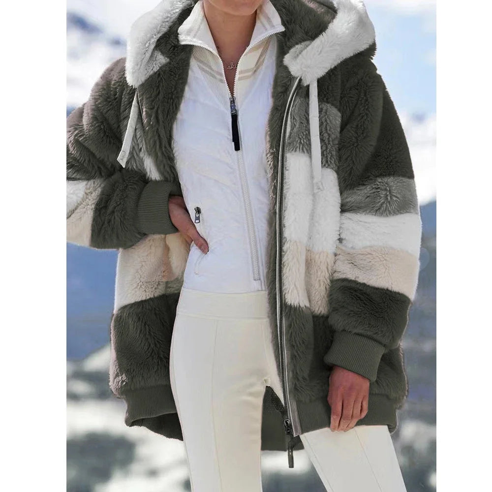 Abrigo de invierno para mujer 2025, chaqueta de mujer con cremallera y capucha, empalmado, cachemira gruesa, chaqueta de mujer, costura a cuadros, abrigos de mujer