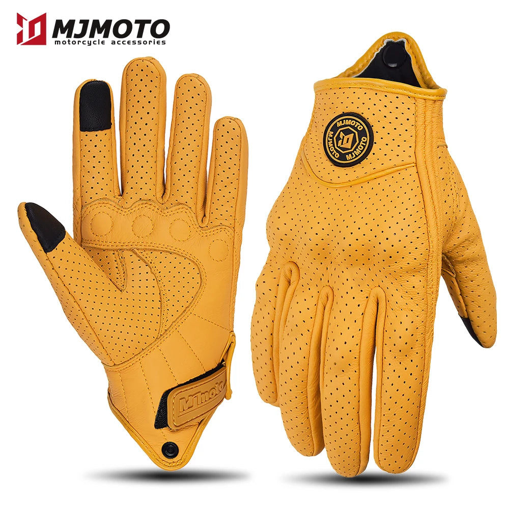 Gants de Moto Rétro en Cuir Jaune pour Homme et Femme, Accessoire Perforé et Respirant pour Course de Vélo, Écran Tactile, Motocross