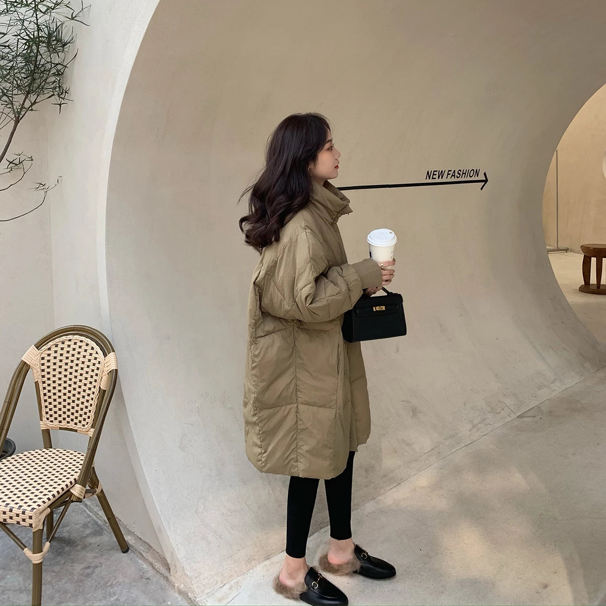 Manteau d'hiver décontracté en coton pour femme, coupe ample coréenne, longueur moyenne, style Hong Kong, vêtement d'extérieur tendance