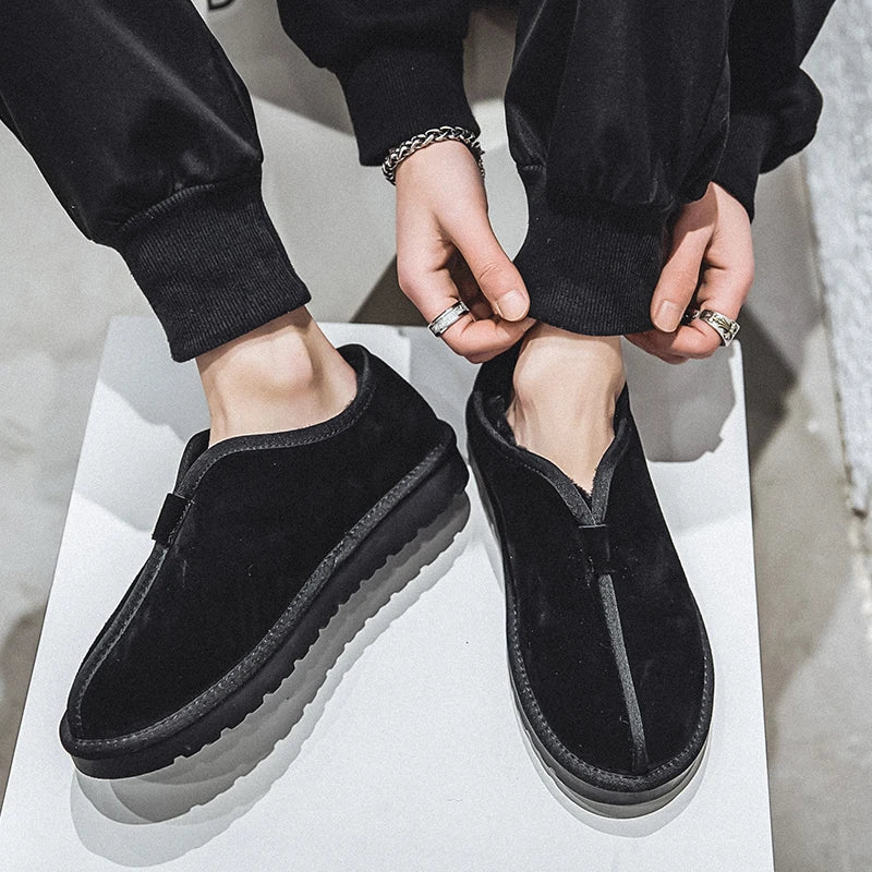 Zapatillas de piel cálidas sin cordones para hombre, botas de nieve impermeables, botas de lavado, zapatos de invierno