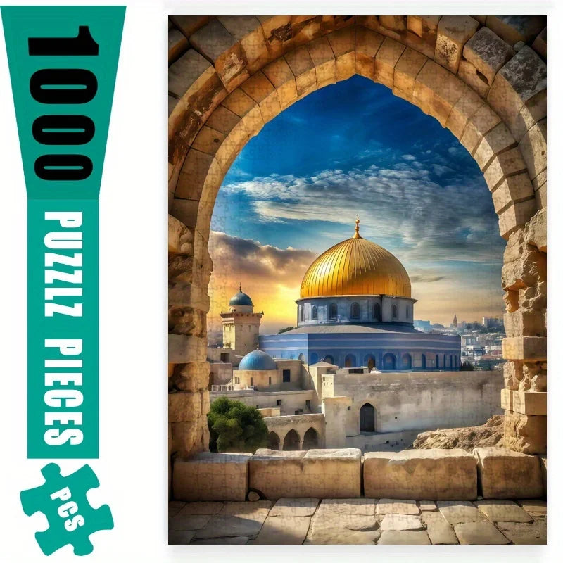 Rompecabezas de 1000 piezas Cúpula de la Roca, Jerusalén, horizonte, escena de atardecer azul y dorado, rompecabezas para adultos desafiante para la familia Buen