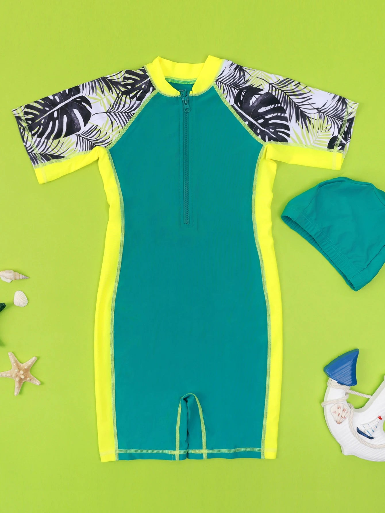 Maillots de bain une pièce pour enfants, maillot de bain pour garçons, manches longues, Protection solaire (y compris les bonnets de bain)