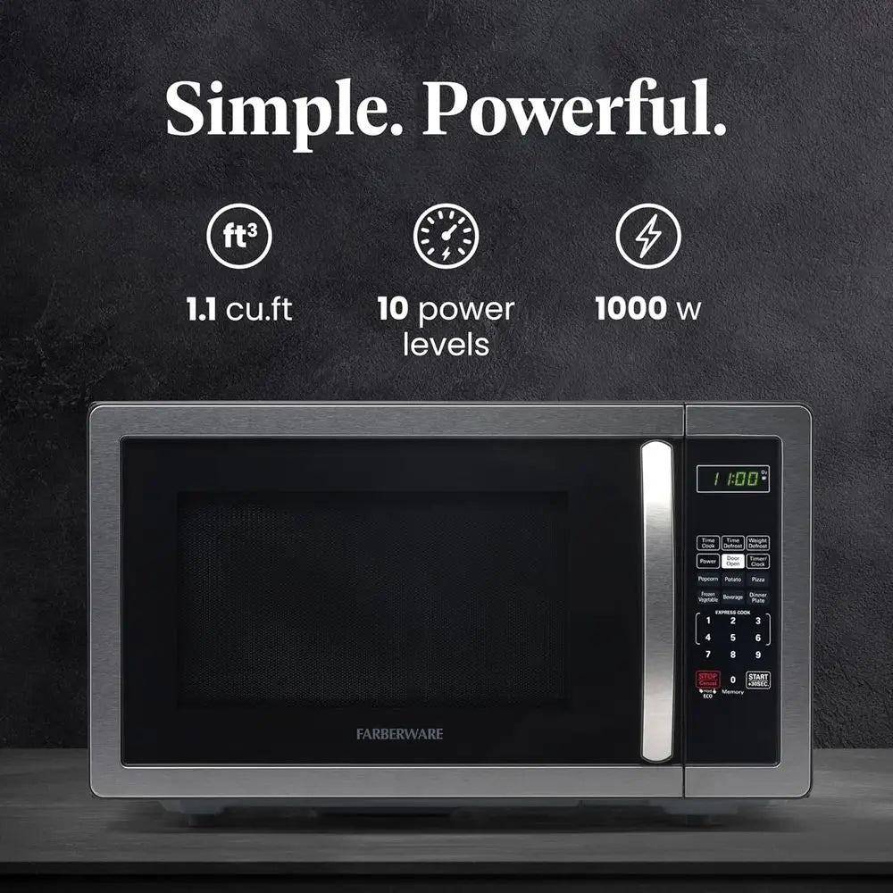 Micro-Ondes Comptoir 1,1 Pièds 1000W Cuisson Automatique — Rôtissage Nettoyage Facile Sécurité Enfants