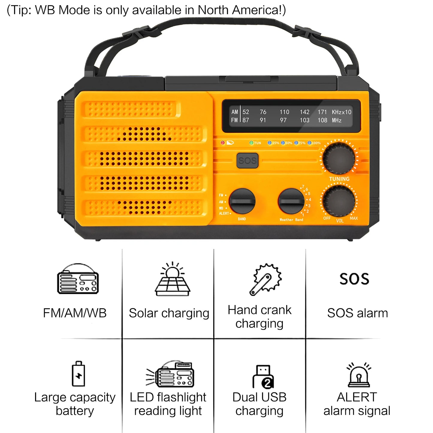 Radio météo d'urgence multifonctionnelle, FM AM WB, manivelle, charge USB solaire, batterie externe 2000mAh, lampe torche LED
