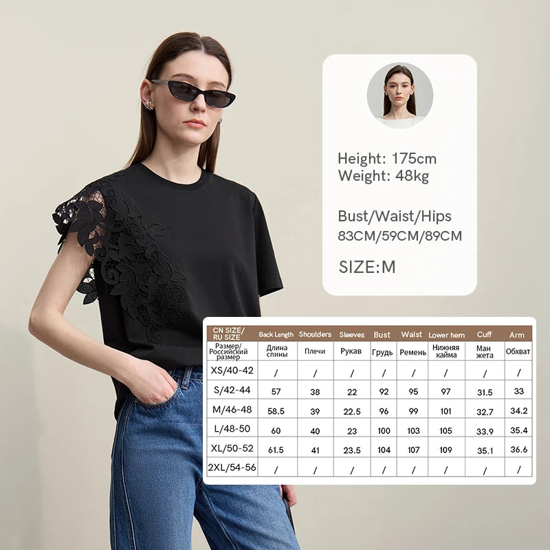 T-shirt femme 2026 été — col rond, coton, anti-transpiration, dentelle asymétrique, ample, manches courtes